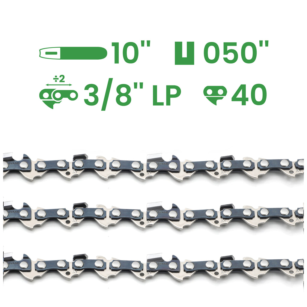 10 Inch Chainsaw Chain with 3/8" LP Pitch, .050" Gauge, 40 Drive Links (3 Packs)
