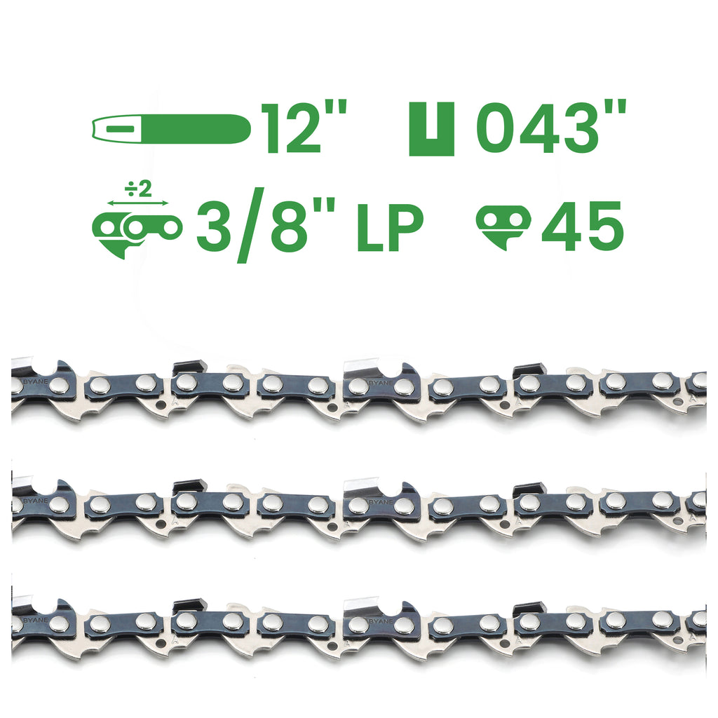 12 Inch Chainsaw Chain, 3/8" LP Pitch, 043" Gauge, 45 Drive Links (3 Chain)
