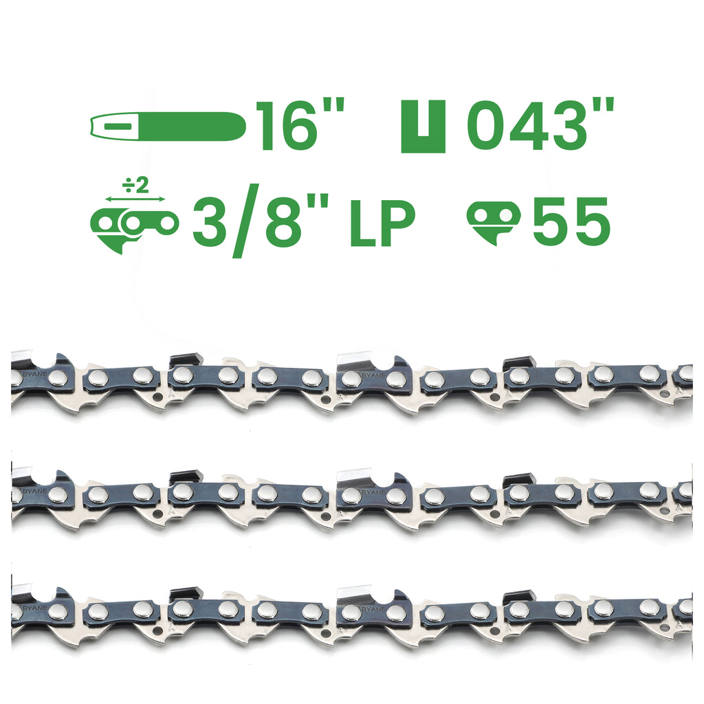 16 Inch Chainsaw Chain, 3/8" LP Pitch, 043" Gauge, 55 Drive Links, (3 Chain)
