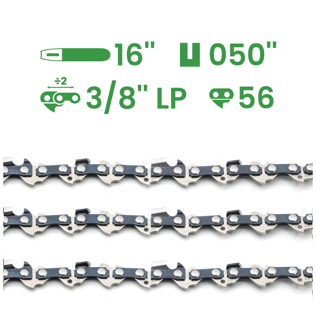 16 Inch Chainsaw Chain, 3/8" LP Pitch, 050" Gauge, 56 Drive Links, (3 Chain)