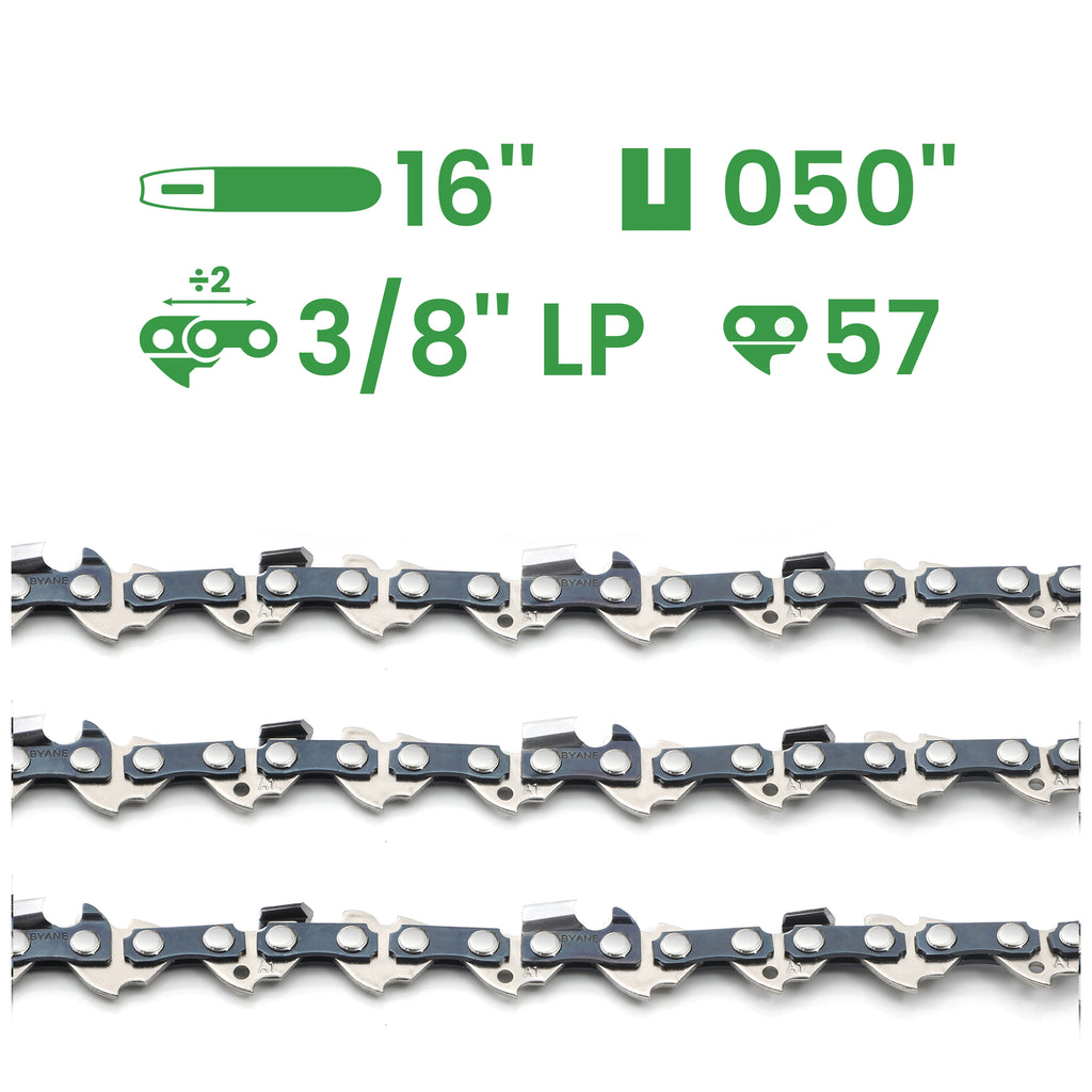 16 Inch Chainsaw Chain, 3/8" LP Pitch, 050" Gauge, 57 Drive Links, (3 chains)