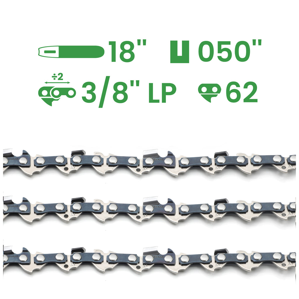 18 Inch Chainsaw Chain, 3/8" LP Pitch, 050" Gauge, 62 Drive Links, (3 Chains)