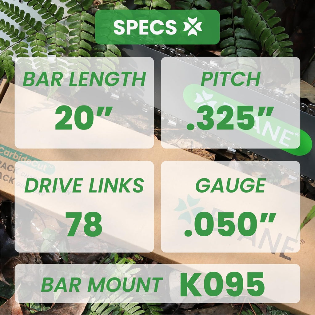 20 Inch CarbideCut Chainsaw Bar and Chain Combo, .325" Pitch, 050" Gauge, 78 Drive Links Fits Husqvarna 455 RANCHER/445/450/460, Echo CS-490/440, Milwaukee M18, Oregon H78 M78 and More