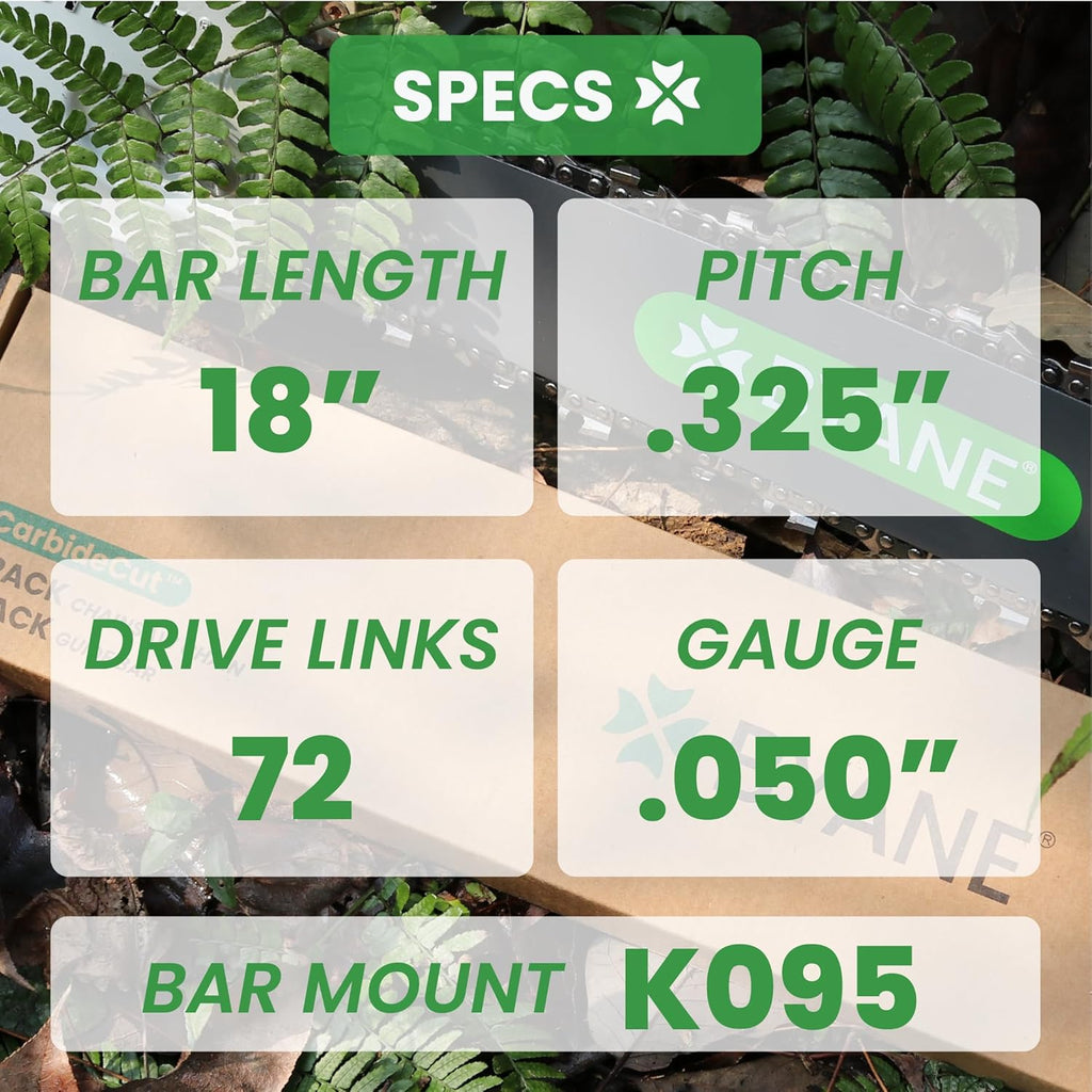 18 Inch CarbideCut Chainsaw Bar and Chain Combo, .325" Pitch, 050" Gauge, 72 Drive Links Fits Husqvarna 435, 440, 545, 345, 350, 51, 55 RANCHER, Oregon M72 584408 36892 and More