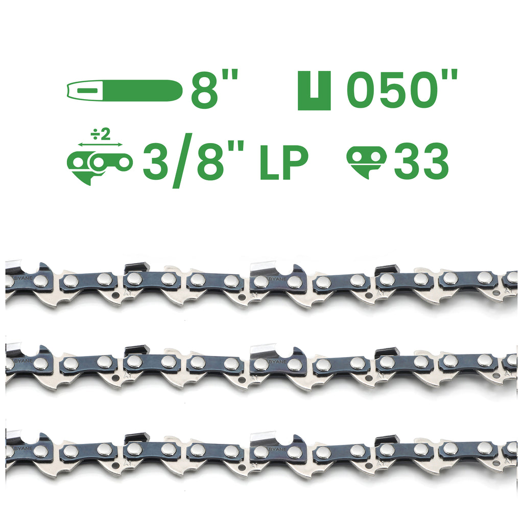 8 Inch Chainsaw Chain, 3/8"LP Pitch, 050" Gauge, 33 Drive Links, (3 Chain).