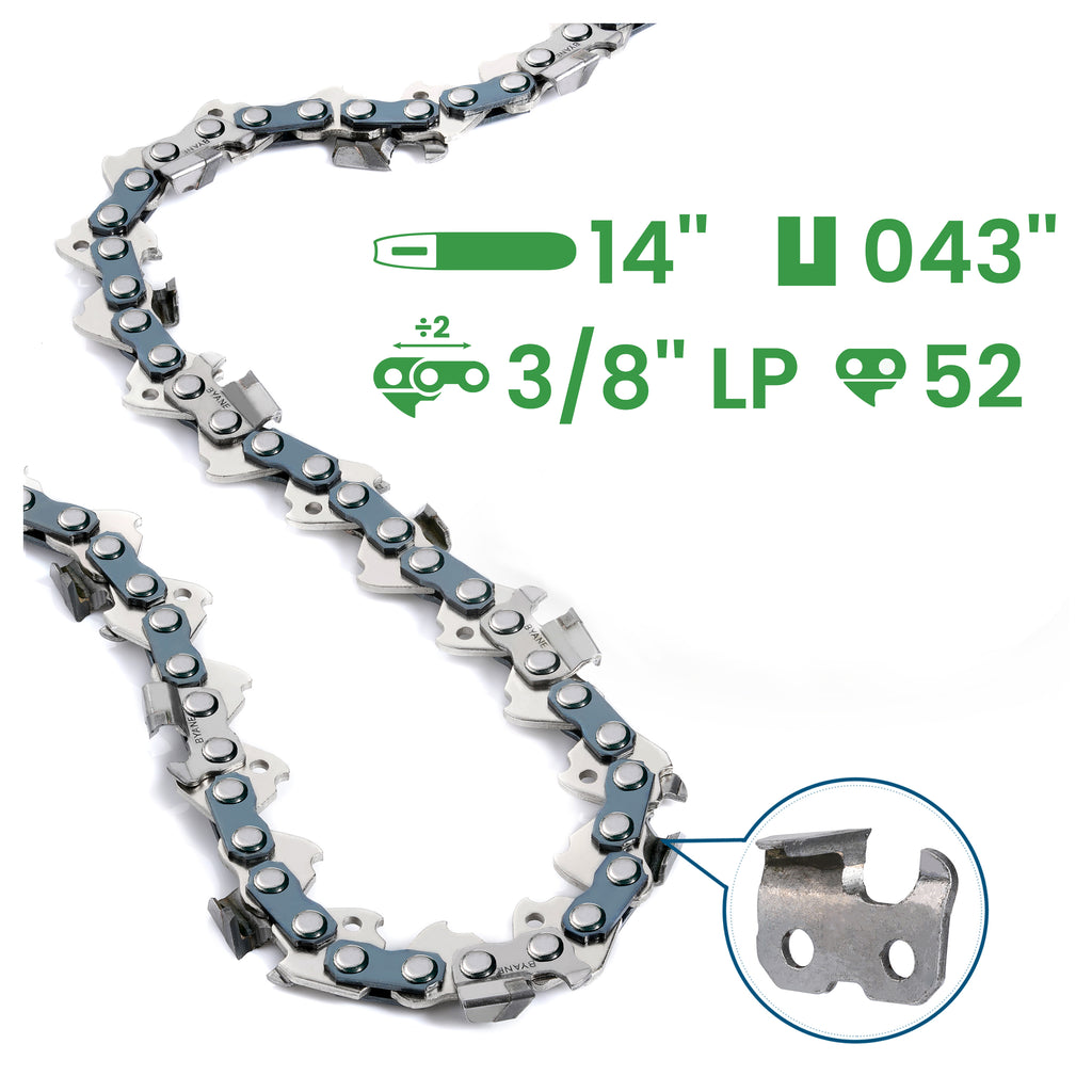 Carbide Chainsaw Chain 14 Inch, 3/8" LP Pitch, 043" Gauge, 52 Drive Links, (1 Chain)