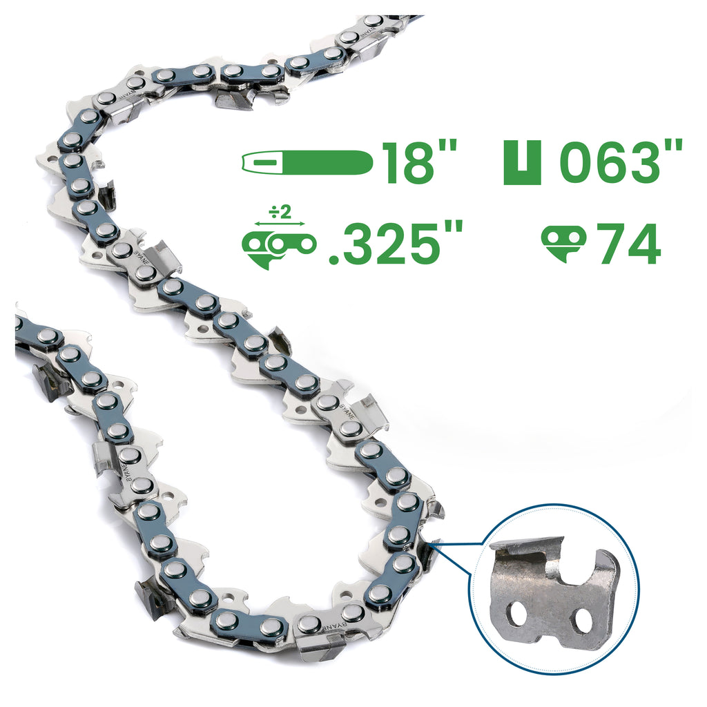Carbide Chainsaw Chain 18 Inch, .325 Pitch, 063" Gauge, 74 Drive Links, (1 chain)