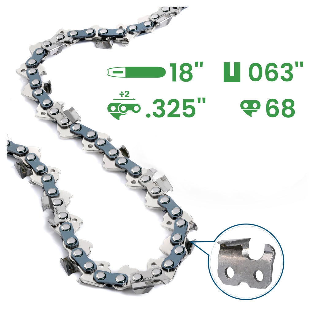 Carbide Chainsaw Chain 18 Inch, 325" Pitch, 063" Gauge, 68 Drive Links, (1 Chain).