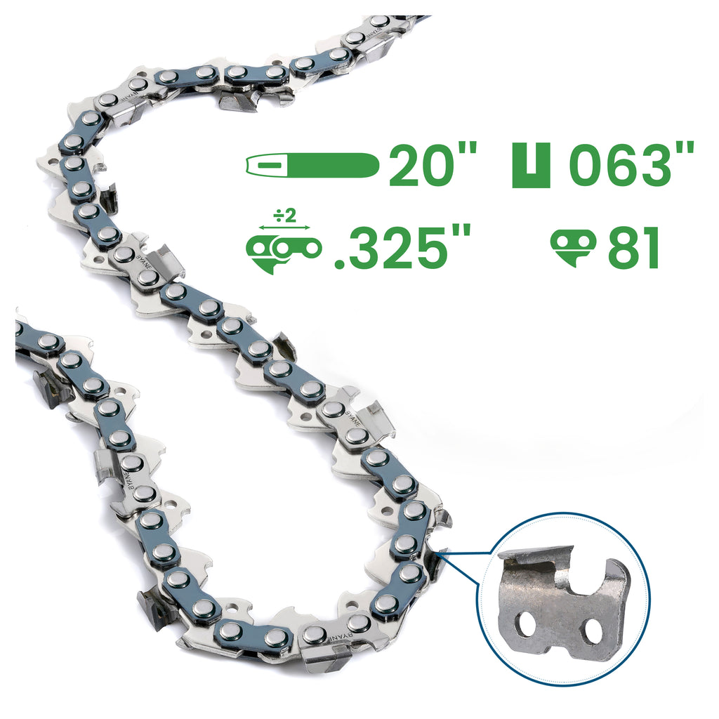 Carbide Chainsaw Chain 20 Inch, 325" Pitch, 063" Gauge, 81 Drive Link (1 chain)