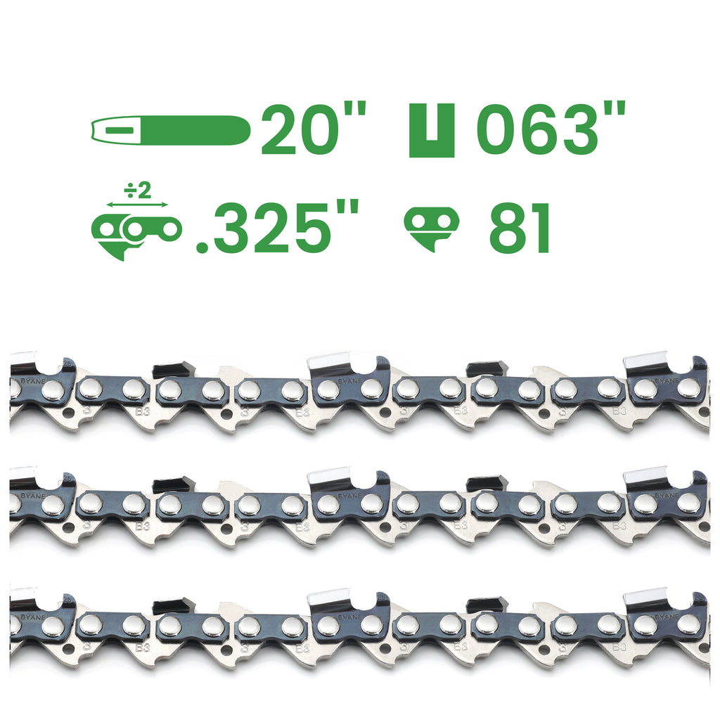 Chainsaw Chain 20 Inch, 0.325" Pitch, 0.063" Gauge, 81 Drive Link, (3 Chains)