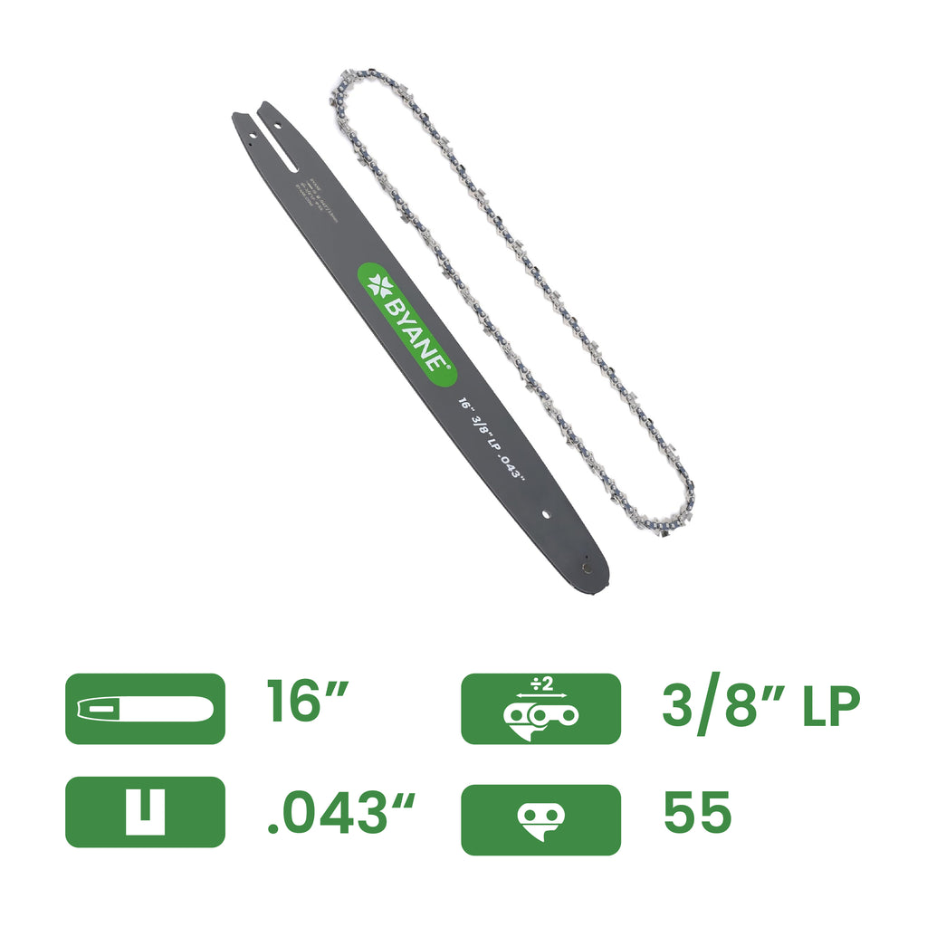 Byane Carbide Chain and Bar Combo - 16" Bar, 3/8" LP Pitch, .043" Gauge, 55 Drive Links - A0P-55-COMBO-A