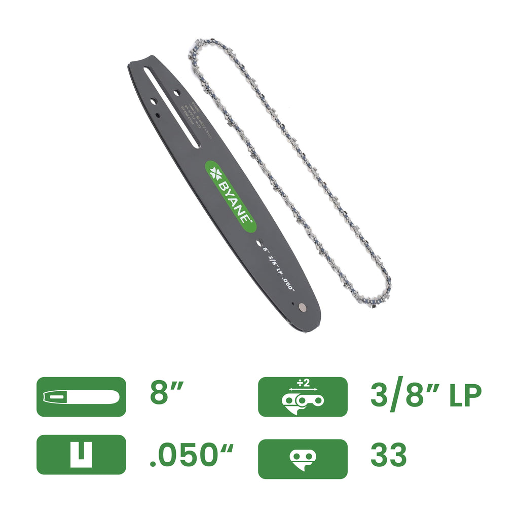 Byane Carbide Chain and Bar Combo - 8" Bar, 3/8" LP Pitch, .050" Gauge, 33 Drive Links - A1P-33-COMBO-A