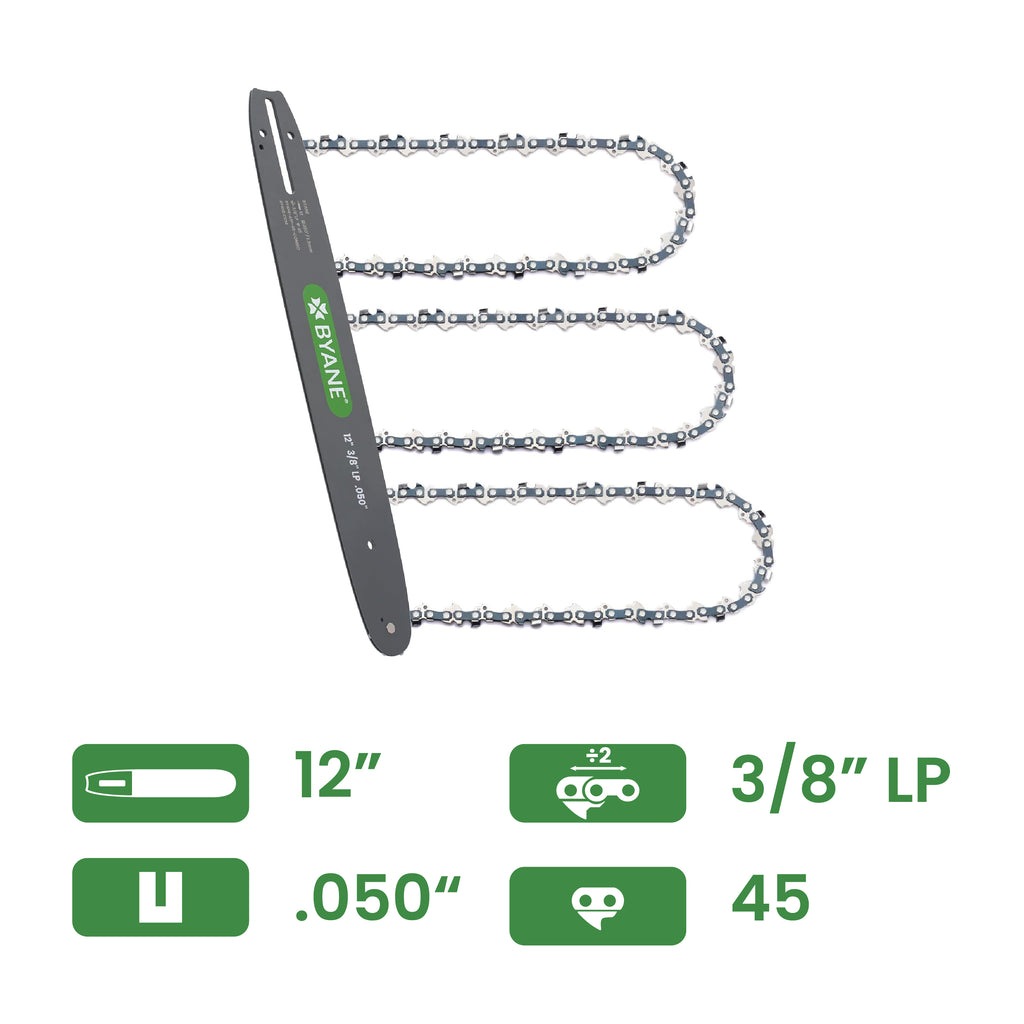 Byane Chain and Bar Combo with 3 Chains - 12" Bar, 3/8" LP Pitch, .050" Gauge, 45 Drive Links - A1P-45-COMBO