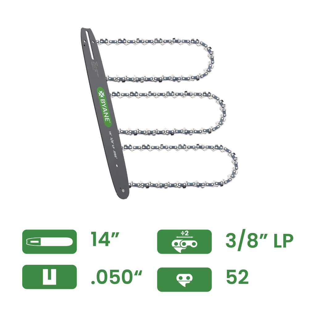Byane Chain and Bar Combo with 3 Chains - 14" Bar, 3/8" LP Pitch, .050" Gauge, 52 Drive Links - A1P-52-COMBO