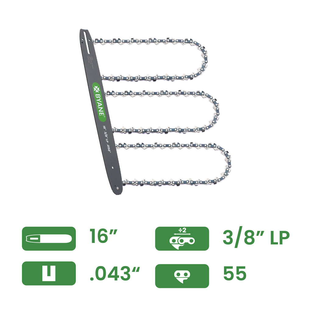 Byane Chain and Bar Combo with 3 Chains - 16" Bar, 3/8" LP Pitch, .043" Gauge, 55 Drive Links - A0P-55-COMBO