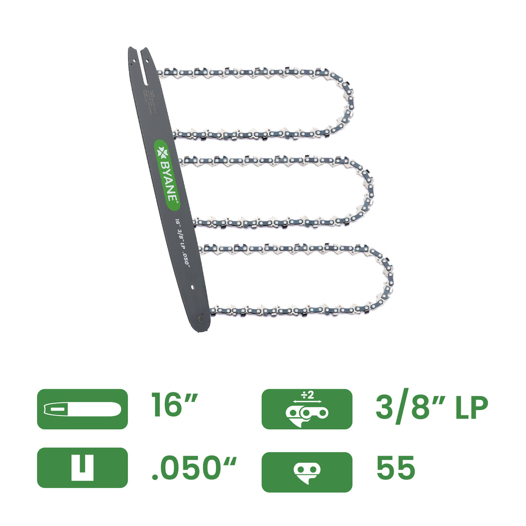 Byane Chain and Bar Combo with 3 Chains - 16" Bar, 3/8" LP Pitch, .050" Gauge, 55 Drive Links - A1P-55-COMBO
