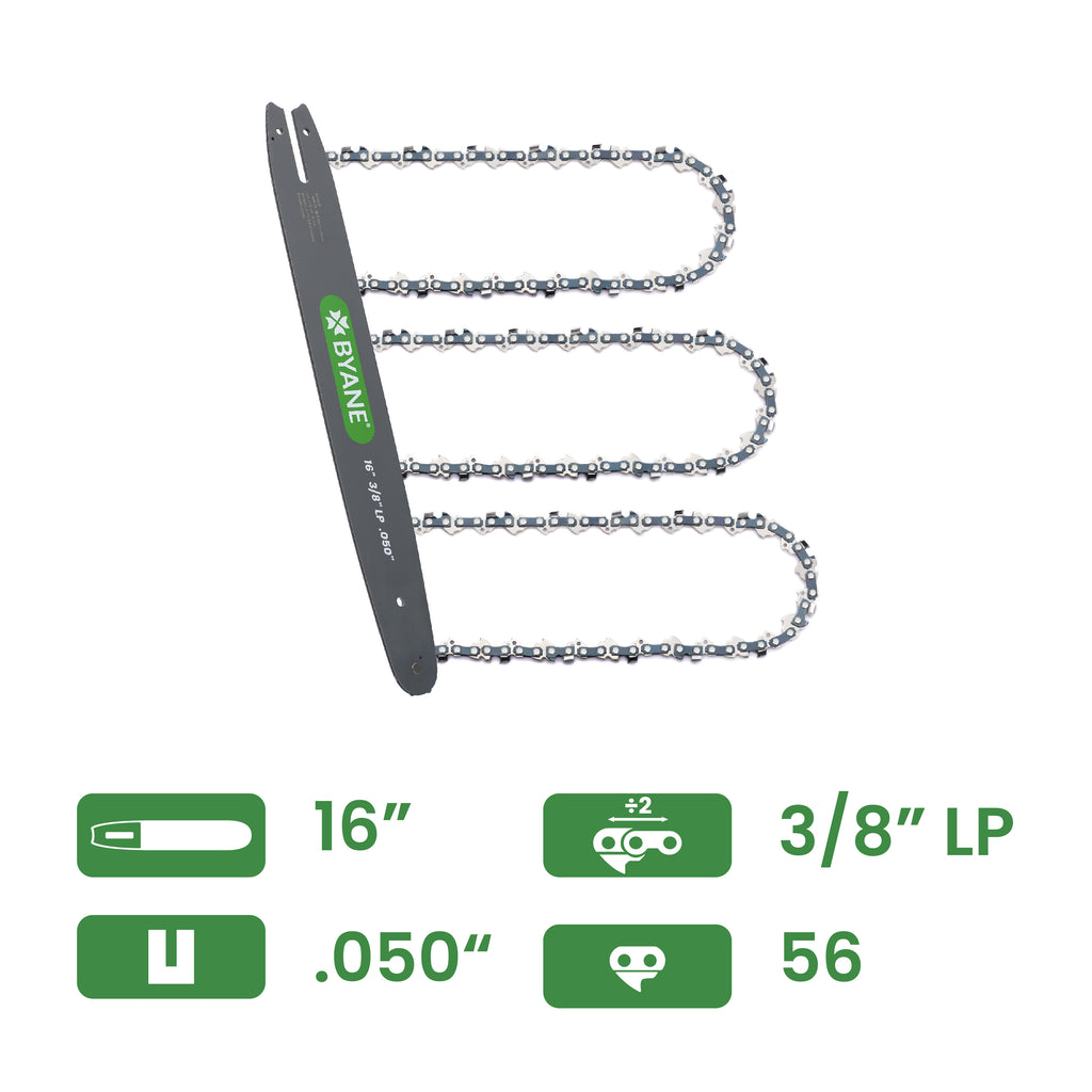 Byane Chain and Bar Combo with 3 Chains - 16" Bar, 3/8" LP Pitch, .050" Gauge, 56 Drive Links - A1P-56-COMBO