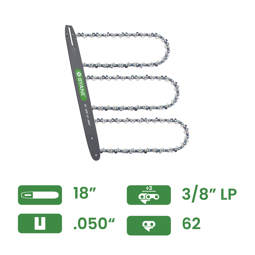 Byane Chain and Bar Combo with 3 Chains - 18" Bar, 3/8" LP Pitch, .050" Gauge, 62 Drive Links - A1P-62-COMBO