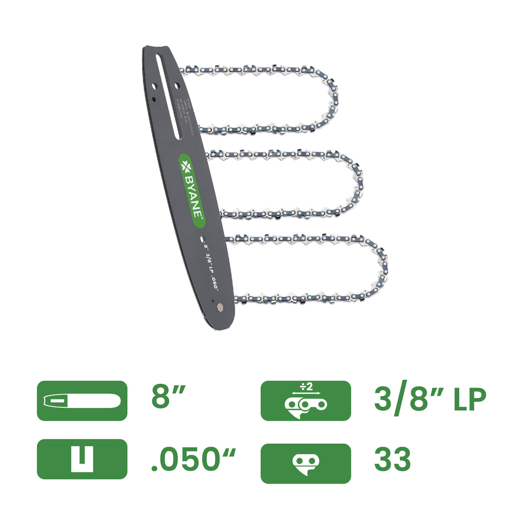 Byane Chain and Bar Combo with 3 Chains - 8" Bar, 3/8" LP Pitch, .050" Gauge, 33 Drive Links - A1P-33-COMBO